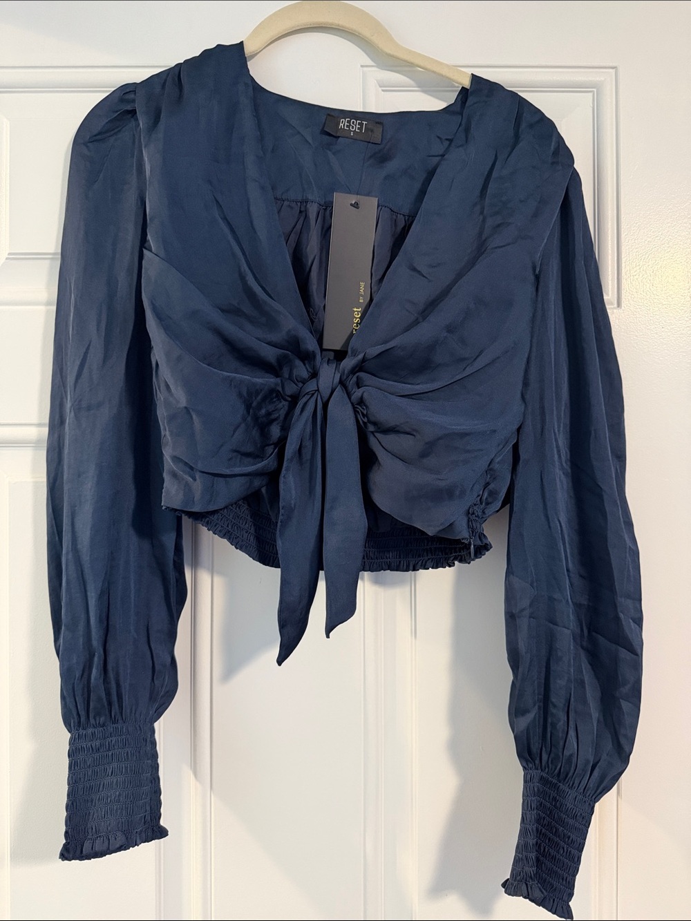Reset by Jane Navy Tie-Front Long Sleeve Crop Top